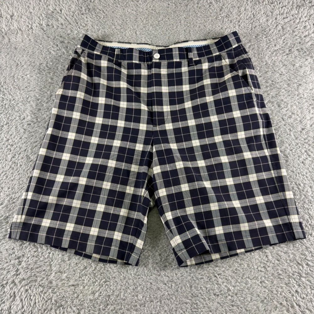 FootJoy Mens Golf Shorts W34 Navy Blue White Yellow Plaid Performance Stretch